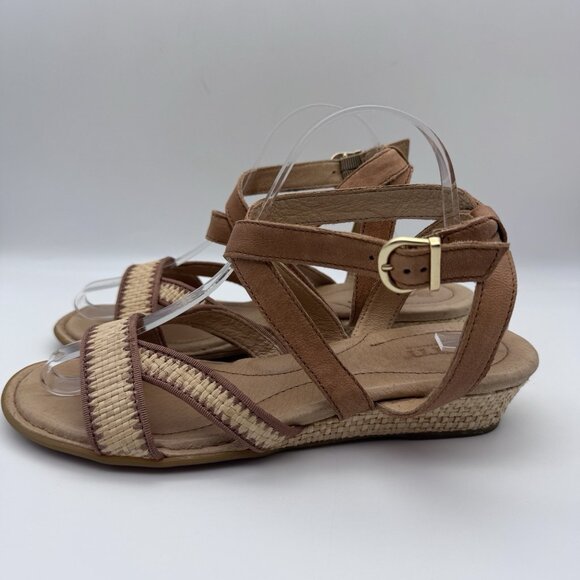 Born Cascade Sandals Shoes Womens Size 9 Brown Leather Raffia Strappy Wedge - Picture 4 of 7